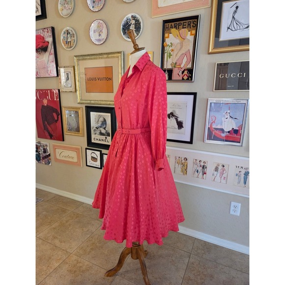 Vintage 60s Ciao Ltd Silk Dress Belted Midi‎ Fit Flare Pink Polka Dot Full Skirt - Picture 4 of 8